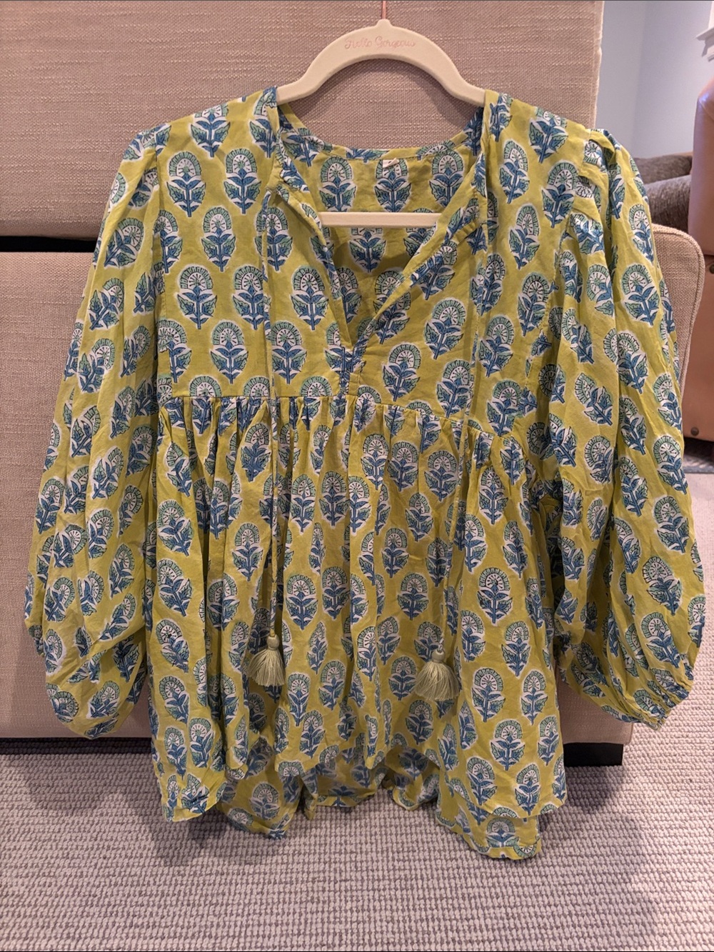 Green and Blue Floral Print Boho Tassel Blouse